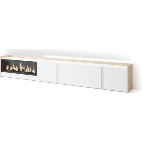 Mueble TV Antequera-02 de 315x50x35 cm con chimenea y luces LED, color blanco y roble soft (1/4)