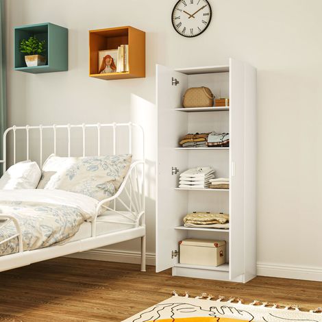 Blanc - Armoire polyvalente, portes articulées, 5 étagères, 3 niveaux réglables, panneau particules, 60x31,5x165cm