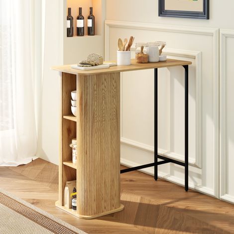 Table Haute Mange Debout. Table de Bar avec 3 Étagères de Rangement et Pieds en Métal. 112x50x106cm. Bois Naturel