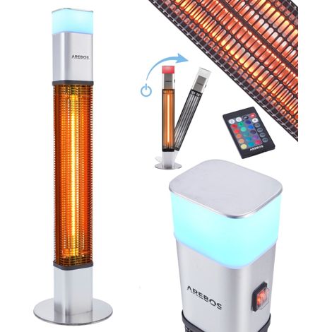 AREBOS 1500 watt stand heater silver incl.16 colours LED light with remote control carbon infrared heater for outdoor use patio heater