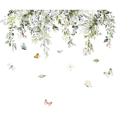 Autocollant mural feuille verte aquarelle plante grand autocollant mural fleur papillon (1/5)