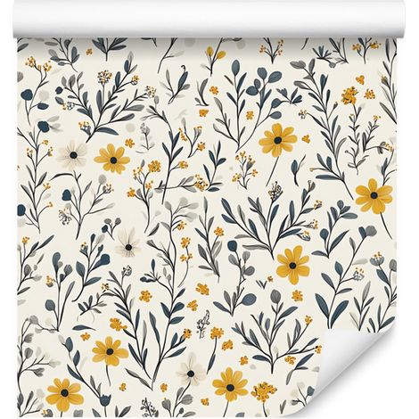 Papier peint Fleurs sauvages Gris clair et blanc pour salon et chambre 50x1000 cm (1/5)