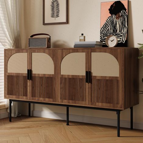 Sideboard 140 x 40 x 80 cm mit 4 Türen in Naturrattan-Optik und Innenfächern, MDF, Natur