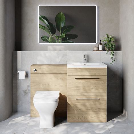 Napoli 460 Cento Light Oak 1200mm 2 Drawer Vanity Unit Toilet Suite with Glide Basin - 1200mm - Chrome 320mm HandleWith Kingston Toilet Pan and Seat