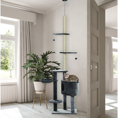 Decken-Kratzbaum 220-265 cm mit Höhle, Hängematte, Plattformen, Ball und Sisal, Dunkelgrau HAVRYA (1/4)