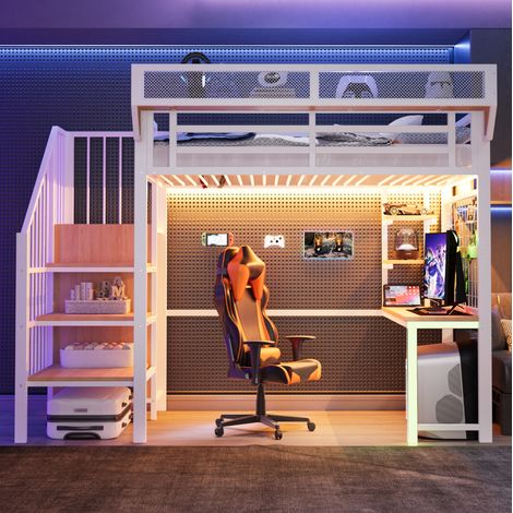 Cama alta 90x200 cm con escritorio, estanterías y LED, con enchufes, en metal, blanco, sin colchón (1/5)