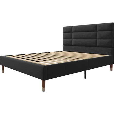 Gepolstertes Doppelbett 140x200 cm aus schwarzem Leinen mit Lattenrost und Kopfteil (1/5)