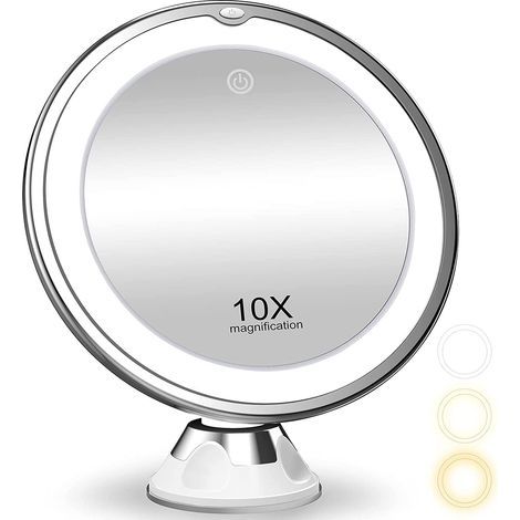 10x Magnifying Makeup Mirror with Light, 3 Color Lighting, Shower Mirror with Suction Cup, Smart Switch, 360 Degree Rotation, Portable for Precise Makeup and Grooming (1/5)