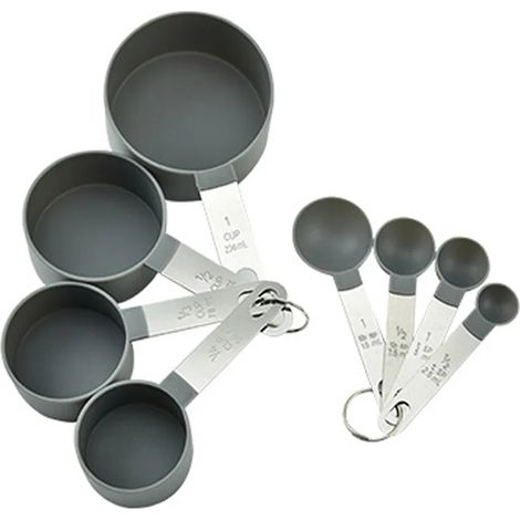 Messbecher und Löffel-Set, 8-teiliger stapelbarer Edelstahlgriff, genauer Esslöffel zum Messen trockener und flüssiger Zutaten, kleiner Teelöffel mit Kunststoffkopf
