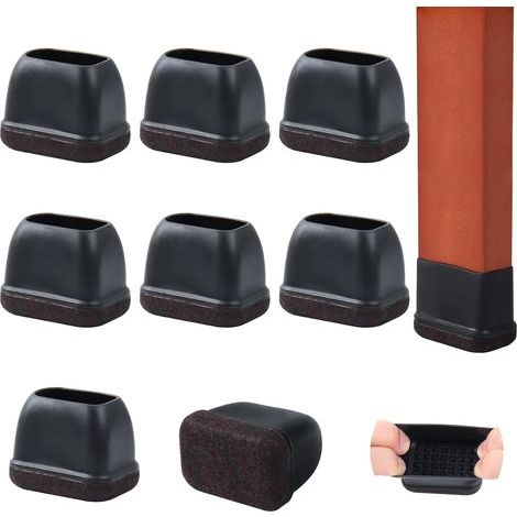 Set mit 8 rechteckigen Stuhlbeinschonern - Mit Filz - Kleine Silikonspitzen - Für Holzböden - Schwarz - Für den Außenbereich geeignet - Kratzfest - Länge: 3 (1/5)