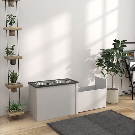 Stazione di alimentazione per cane con vano contenitore, 2 ciotole inox, bianco OKMYHOME (1/5)