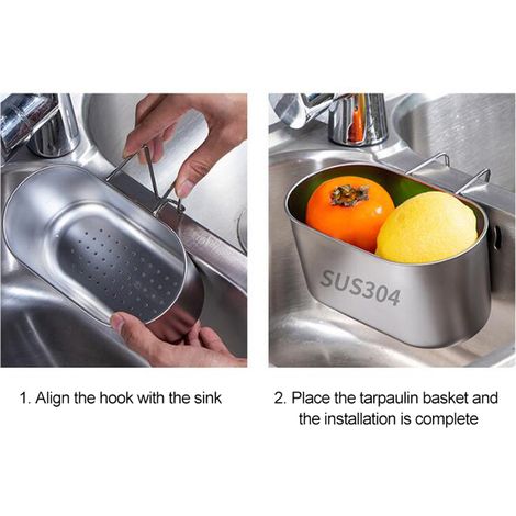 Égouttoir en acier inoxydable 304, sans perçage, pour évier de cuisine, filtre à déchets, porte-légumes, panier suspendu, couleur naturelle, version accrochée (lot de 1). (1/5)