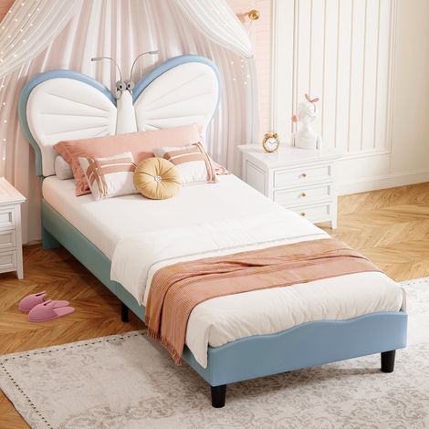 Letto singolo 90x190 cm – Letto per bambina con testiera a farfalla regolabile e luci LED da lettura – Velluto – Blu