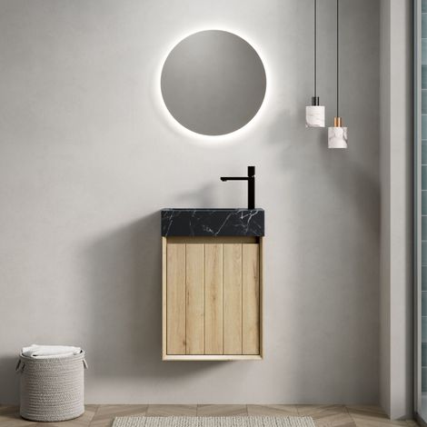 40cm Wandhalterung Badezimmer-Waschtisch mit Unterbauwaschbecken aus Schwarzem Marmor mit Steinmuster, Sperrholzschränke mit Streifen, eine Tür, Vormontiert, Weiße Eiche Holzmaserung Farbe