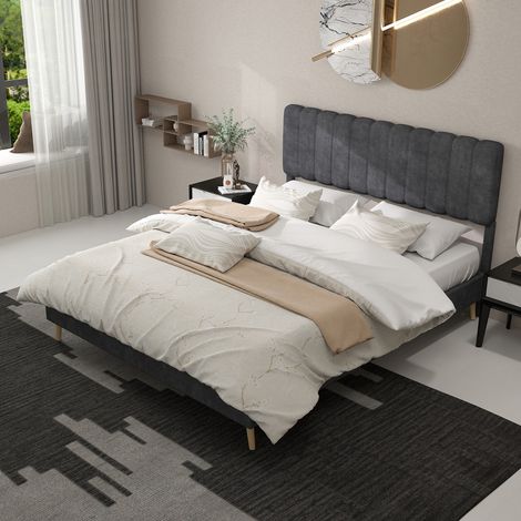 REDOM Lit double 160x200 cm Tête de lit rembourrée revêtement tissu bois et métal Confort moderne gris (Sans matelas) (1/5)