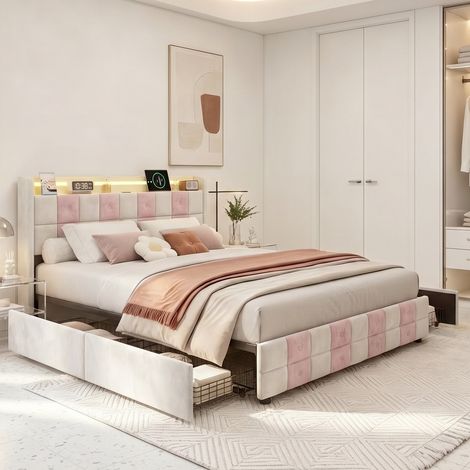 Lit double 140x200cm - 4 tiroirs - Tissu velours - Sommier à lattes - Éclairage LED– port USB (1/5)