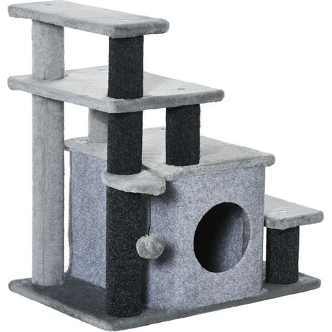 Escaleras Para Mascotas Escaleras Para Gatos De 3/4 Escalones Con Cueva Para Dormir Y Pelota De Juego Colgante Felpa De Aglomerado