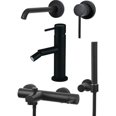 Set miscelatore lavabo a parete, miscelatore bidet e kit vasca in colore nero opaco Gattoni Easy KITEASYNO9