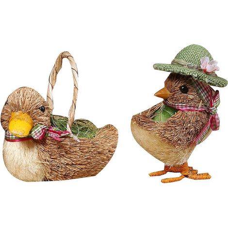 Figurine de petit caneton en paille avec nœud papillon, statuette d'animal tressé pour poupée Orna (1/4)