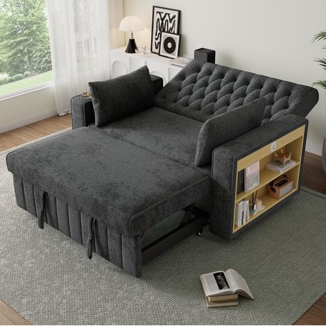 Divano letto 140x137x84 cm, schienale regolabile a 3 livelli, con USB, portabicchieri e tasche, chenille grigio (1/5)