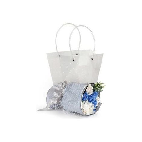 Composition florale bleue avec sac en PVC, diam. 18, H. 25 cm (lot de 3)