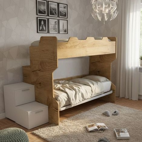 Letto a castello salvaspazio con scala a cassettoni e camminatoio - Quercia e Bianco