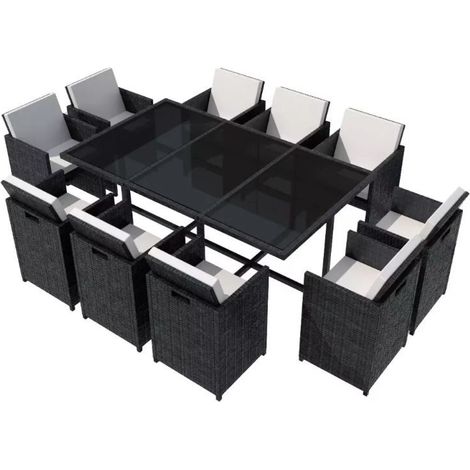 Table rectangulaire et 10 chaises de jardin résine tressée noir Iris 2 (1/5)