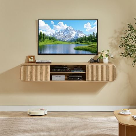 Meuble TV mural de 160 cm, étagères ouvertes, armoire de rangement suspendue pour une utilisation dans le salon, la chambre et d'autres espaces de vie, naturel. (1/5)