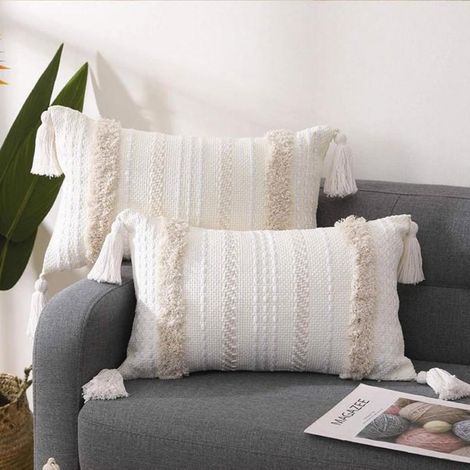 JSSEVN - Set of 2 Boho Cushion Covers 30x50 cm, Rectangular Sofa Cushion Decoration with Tassels, for Bedroom, Sofa, Chair, Bed, Beige (1/5)
