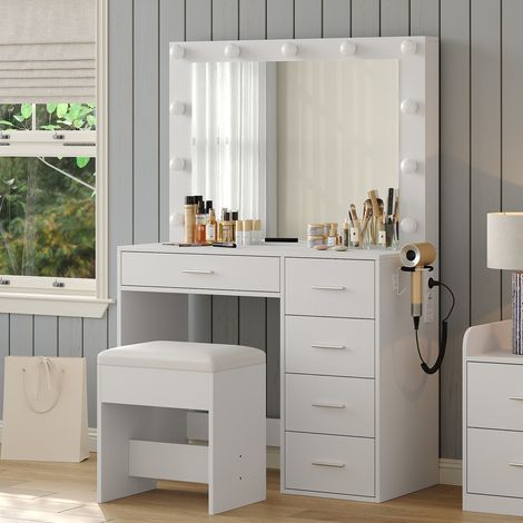 Coiffeuse aavec Miroir LED, 11 Lumières, 5 Tiroirs, 3 Modes D’Éclairage, Tabouret Inclus, Blanc, 94 cm (1/5)