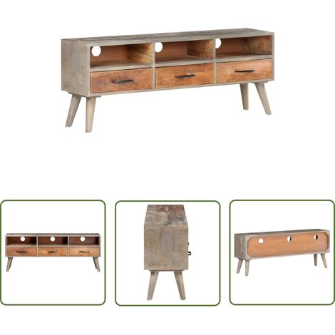 The Living Store Meuble TV Gris 130x35x51 cm Bois massif de manguier brut - Meubles Tv - Meuble Tv - Meuble Rangement - Salon - Design Moderne (1/5)