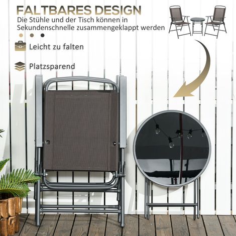 3-teiliges Bistro-Set aus Metall, wetterfestes Gartenmöbelset mit klappbarem Glastisch und Gartenstühlen, Braun. (1/5)
