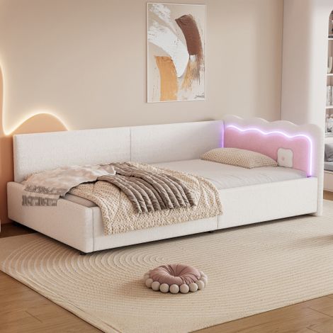 Divano letto 90x200 cm, letto singolo per bambini con illuminazione a LED e rete a doghe, tessuto in simil pile, senza materasso (1/5)
