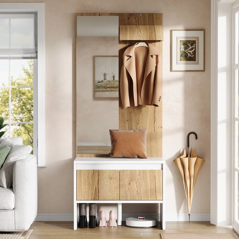Vestiaire d'entrée 60x38x145 cm avec miroir, porte-manteaux, banc à chaussures et 2 tiroirs, aggloméré, blanc et effet bois naturel (1/5)