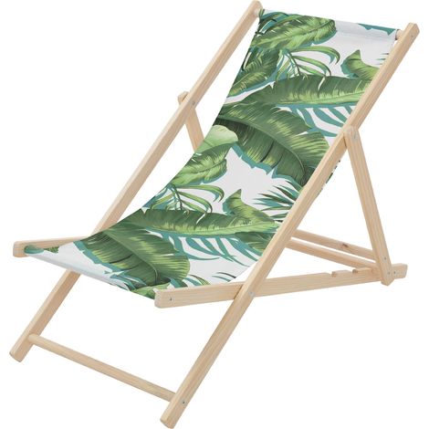 ECD Germany Sedia a Sdraio Pieghevole in Legno con Tessuto Traspirante Verde-Bianco Tropicale, Schienale Reclinabile in 3 Posizioni, Lettino Relax con Portata 120 kg per Spiaggia, Giardino e Terrazza