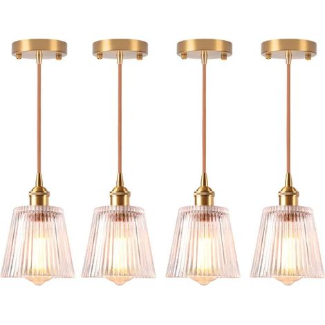 4x Lustre Moderne en Verre,Lampe Suspension Industriel Abat-jour Design Rayé E27 Finition en Laiton Plafonnier pour Salon (1/4)