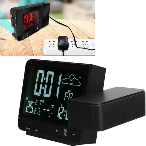 Réveil Projection avec Thermomètre Hygromètre Intérieur Extérieur Sans Fil 230V EU