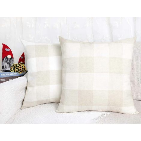Ensemble de 2 housses de coussin décoratives à carreaux style ferme, en polyester et lin, beige et blanc, 45 x 45 cm (18 x 18 pouces). Idéales pour la décoration automnale. (1/5)