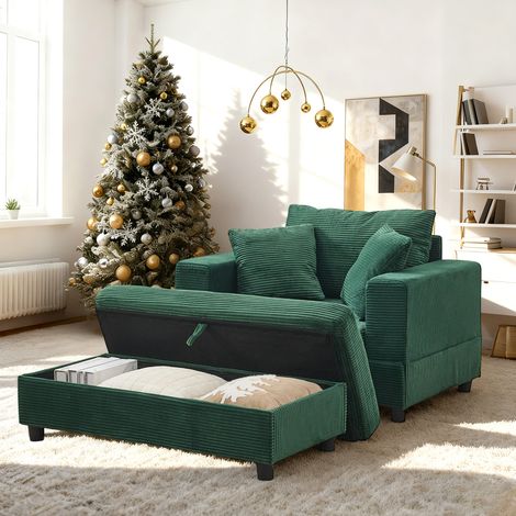 Chaiselongue avec repose-pieds et espace de rangement, canapé lounge avec 3 coussins pour salon et chambre – Vert émeraude (1/5)