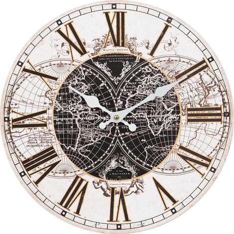 Horloge murale classique motif carte du monde en bois MDF marron et blanc Ø 34 cm - PANGIVO (1/2)