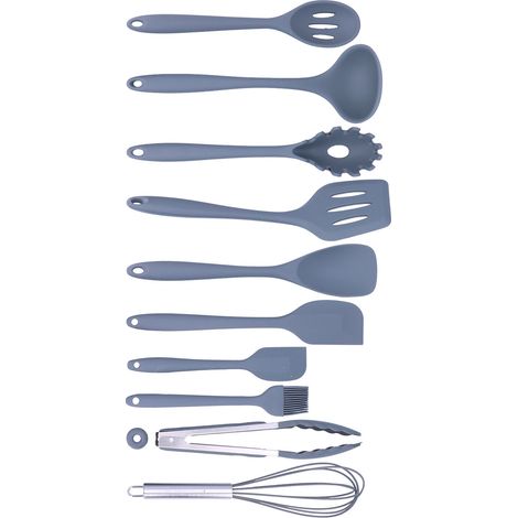 Ensemble de 10 ustensiles de cuisine en silicone antiadhésifs : spatule, cuillère, fouet à œufs, pinceau (gris) (1/5)