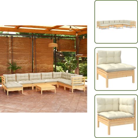 9-tlg. Garten-Lounge-Set mit Creme Kissen Massivholz Kiefer - Gartenmöbeln - Lounge Set - Outdoor Möbel - Kiefernholz - Rattan