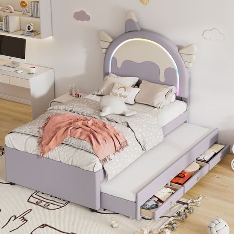 Lit avec tiroirs 90x200 enfant licorne PU violet HAVRYA (1/5)