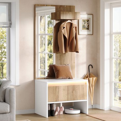 Appendiabiti da ingresso a LED con specchio, 2 cassetti, panca porta scarpe e appendiabiti, 60x38x145 cm, bianco e naturale (1/5)