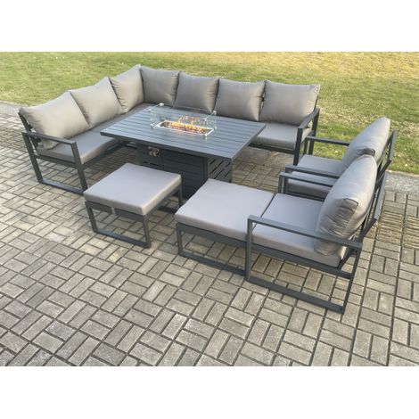 Fimous Aluminium Patio Outdoor Garden Furniture Corner Sofa Set Gas Fire Pit Dining Table with 2 Chairs 2 Big Footstools Dark Grey (1/5)