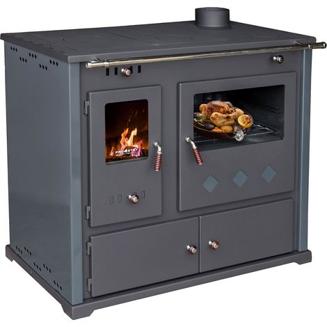EEK A+ Kaminofen mit Backfach und Herdplatte Pracktik Lux Anthrazit RAL 7016 RECHTS Holzofen 9,5 kW Kamin Ofen Dauerbrandofen Werkstattofen Schwedenofen Hüttenofen Heizofen (1/5)