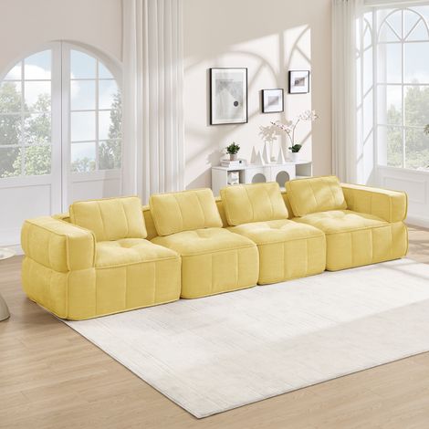 Canapé nuage très spacieux 4 assises sans structure, modulable, mousse dense 32D, revêtement moelleux et doux, anti-glisse, idéal pour séjour, montage non requis, couleur jaune. (1/5)