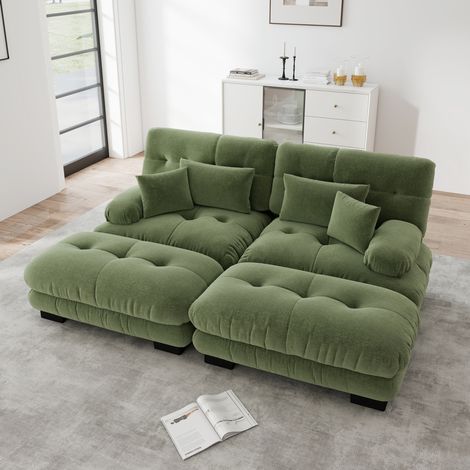 Canapé d’angle modulable en chenille verte avec 2 coussins lombaires et 2 coussins déco (1/5)