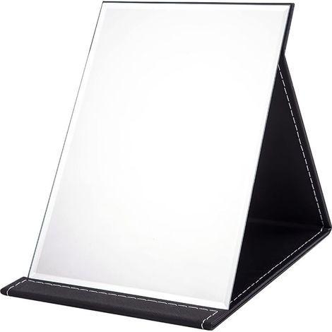 SHINING HOUSE Miroir Pliant Portable 1712 cm, Miroir de Maquillage Compact Super HD, Miroir de Voyage en Cuir PU Noir, Miroir de Vanité Autoportant, Miroir de Bureau Pliant