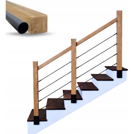 Garde-corps escalier bois chêne massif avec tubes noirs, rambarde sur mesure